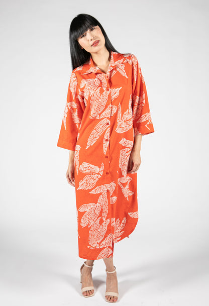 Abstract Leaf Print Shirt Dress