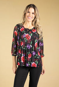 Rose Print Plisse Bodice Mesh Top