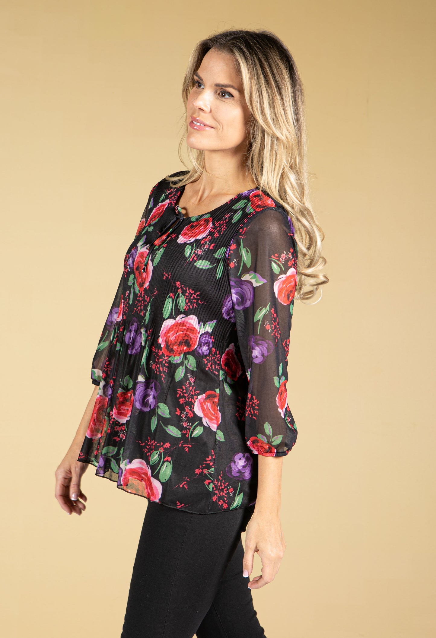 Rose Print Plisse Bodice Mesh Top