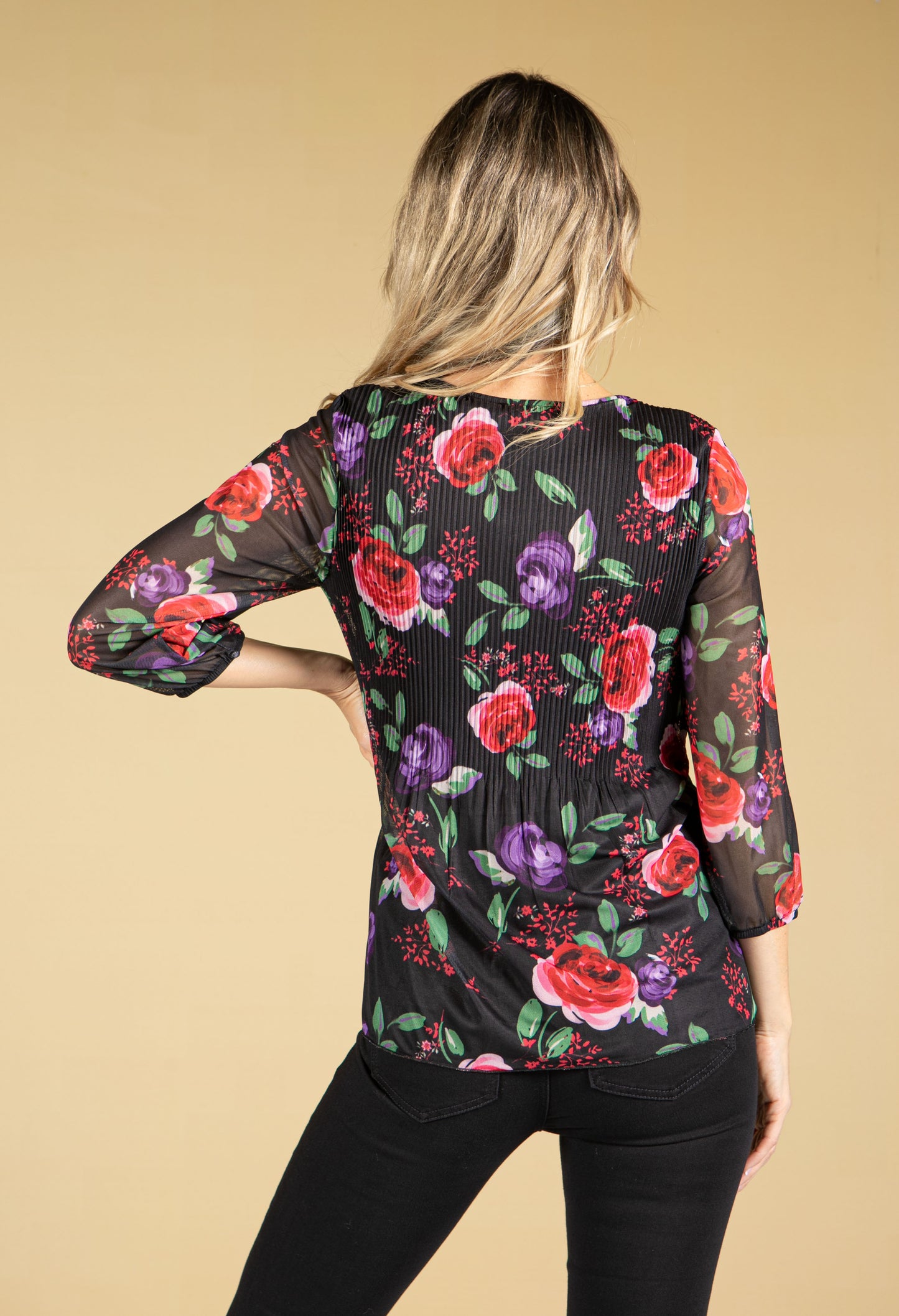 Rose Print Plisse Bodice Mesh Top