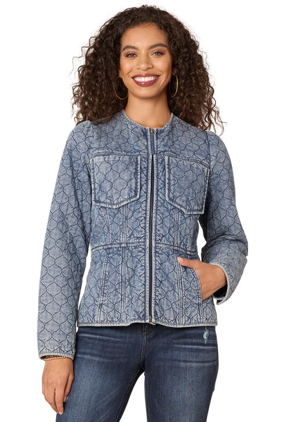 Long Puff Sleeve Round Neck Zip Front Quilted Peplum Denim Jacket