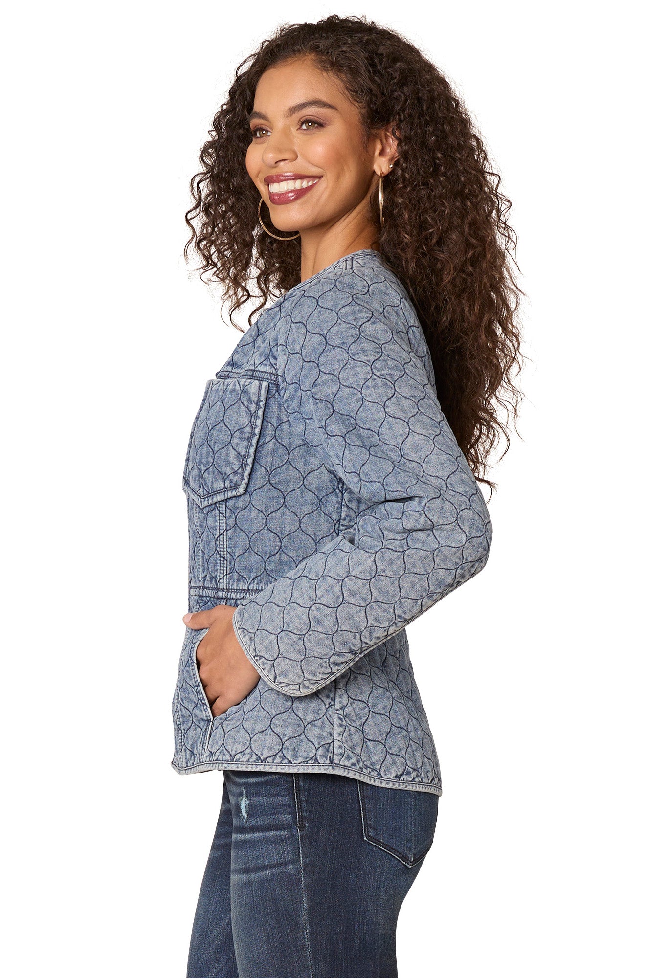 Long Puff Sleeve Round Neck Zip Front Quilted Peplum Denim Jacket