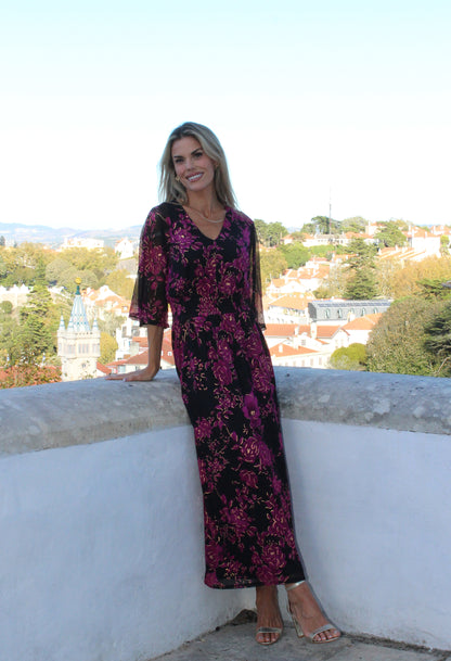 Leaf Print V Neckline Maxi Dress