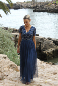 STRIPE EMBELLISHED MAXI DRESS WITH SASH BELT