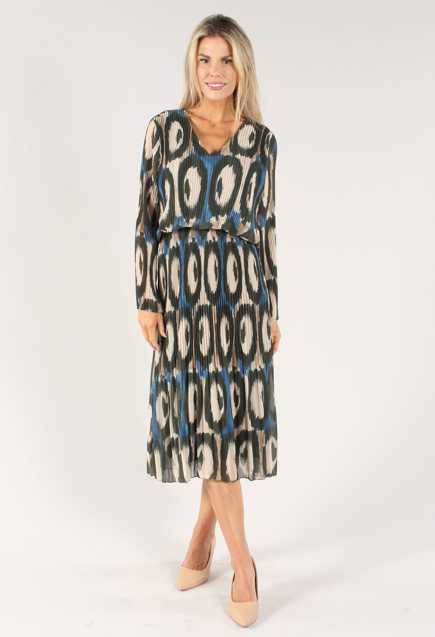 Abstract Print Long Sleeve Plisse Pop Over Dress