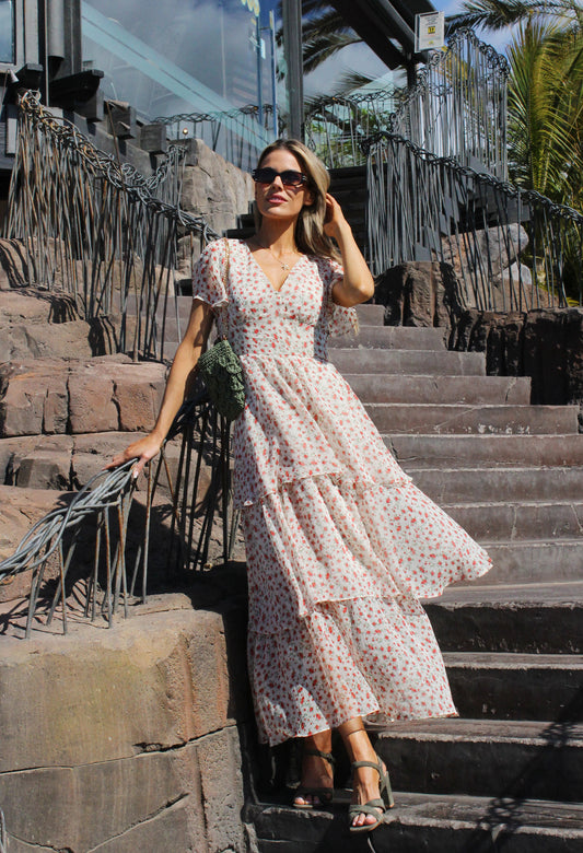 Tiered Floral Midi Tea Dress