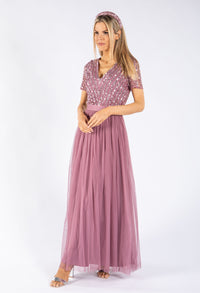 Lotus Pink V NECK SEQUIN AND TULLE DRESS WITH TIE WAIST