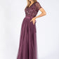 Berry V NECK SEQUIN AND TULLE DRESS WITH TIE WAIST