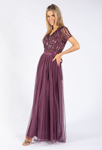 Berry V NECK SEQUIN AND TULLE DRESS WITH TIE WAIST