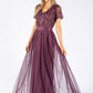 Berry V NECK SEQUIN AND TULLE DRESS WITH TIE WAIST