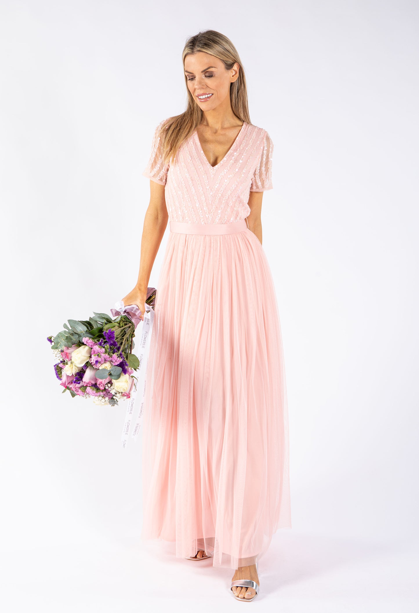 STRIPE EMBELLISHED MAXI DRESS WITH SASH BELT