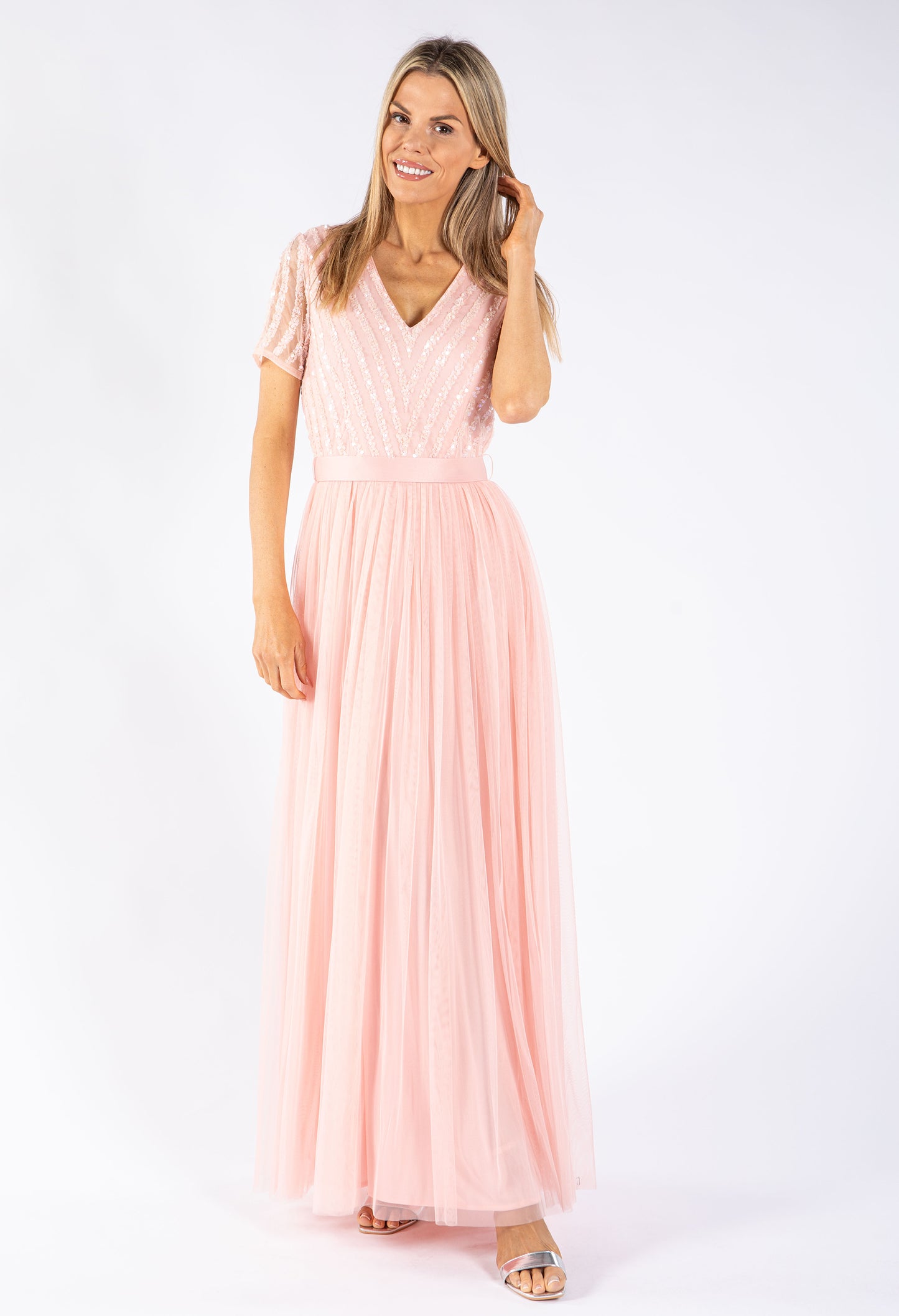 STRIPE EMBELLISHED MAXI DRESS WITH SASH BELT