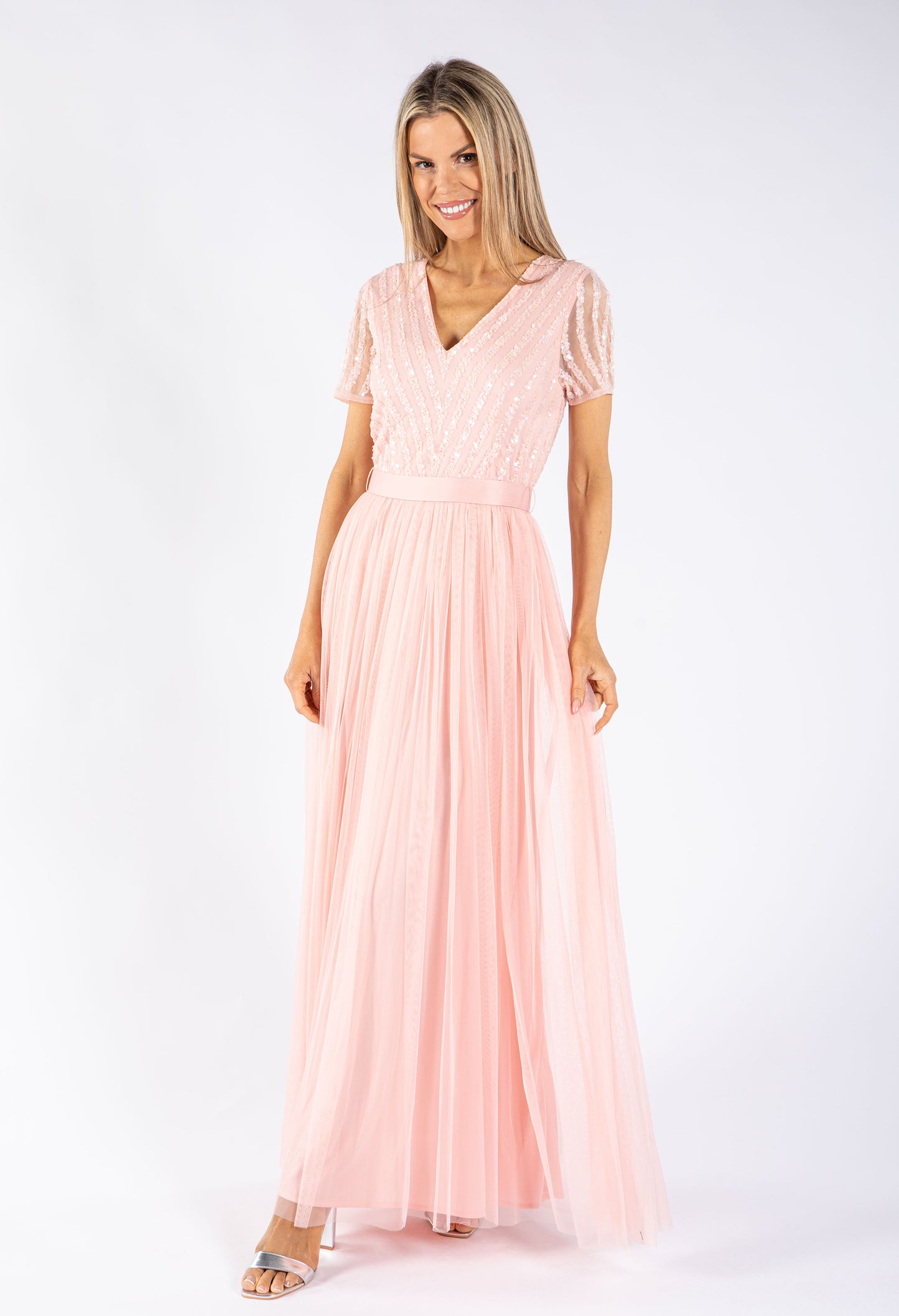 STRIPE EMBELLISHED MAXI DRESS WITH SASH BELT