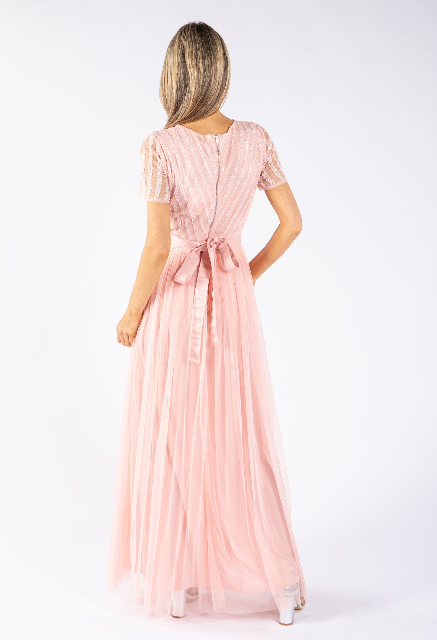 STRIPE EMBELLISHED MAXI DRESS WITH SASH BELT