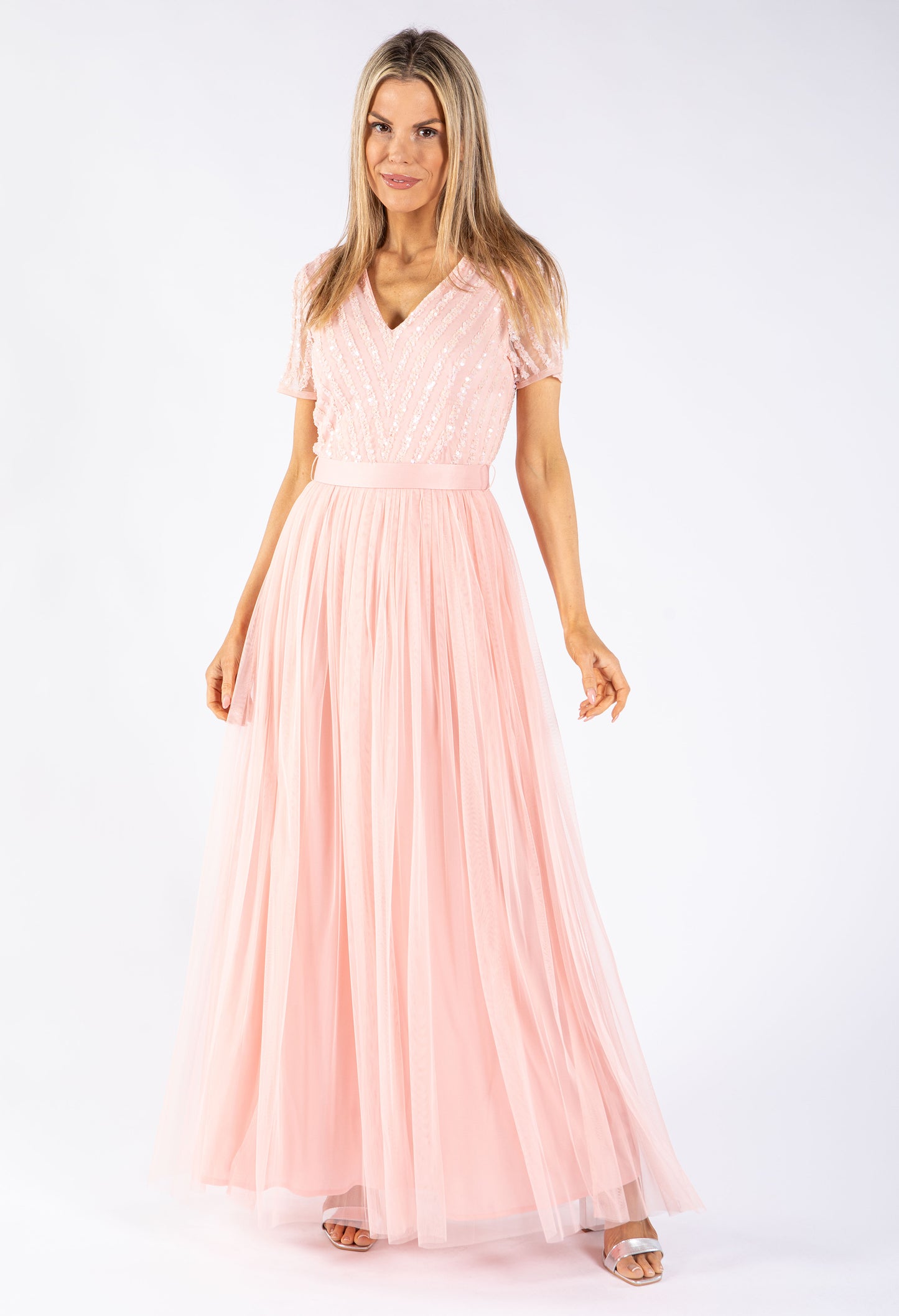 STRIPE EMBELLISHED MAXI DRESS WITH SASH BELT