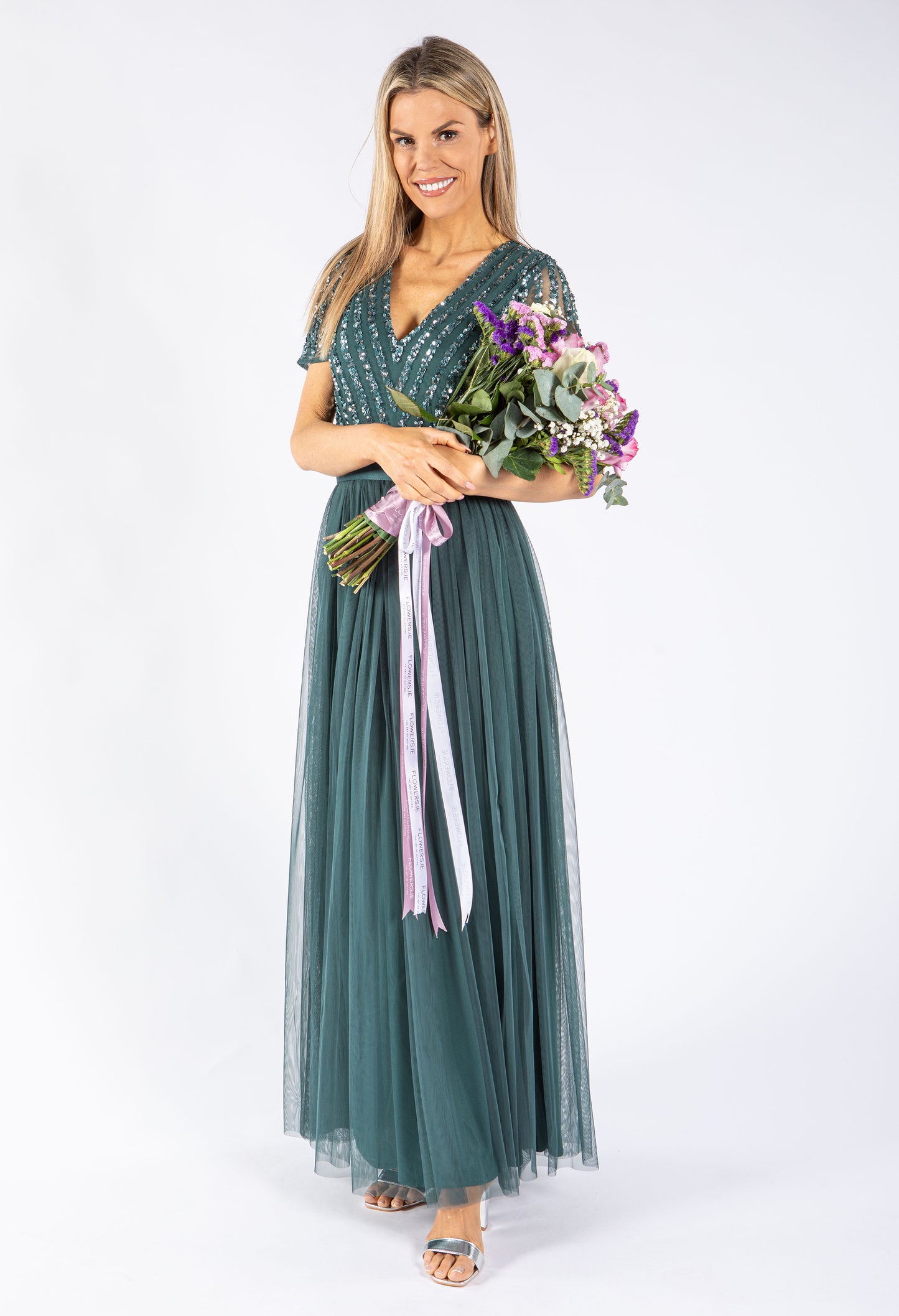 STRIPE EMBELLISHED MAXI DRESS WITH SASH BELT