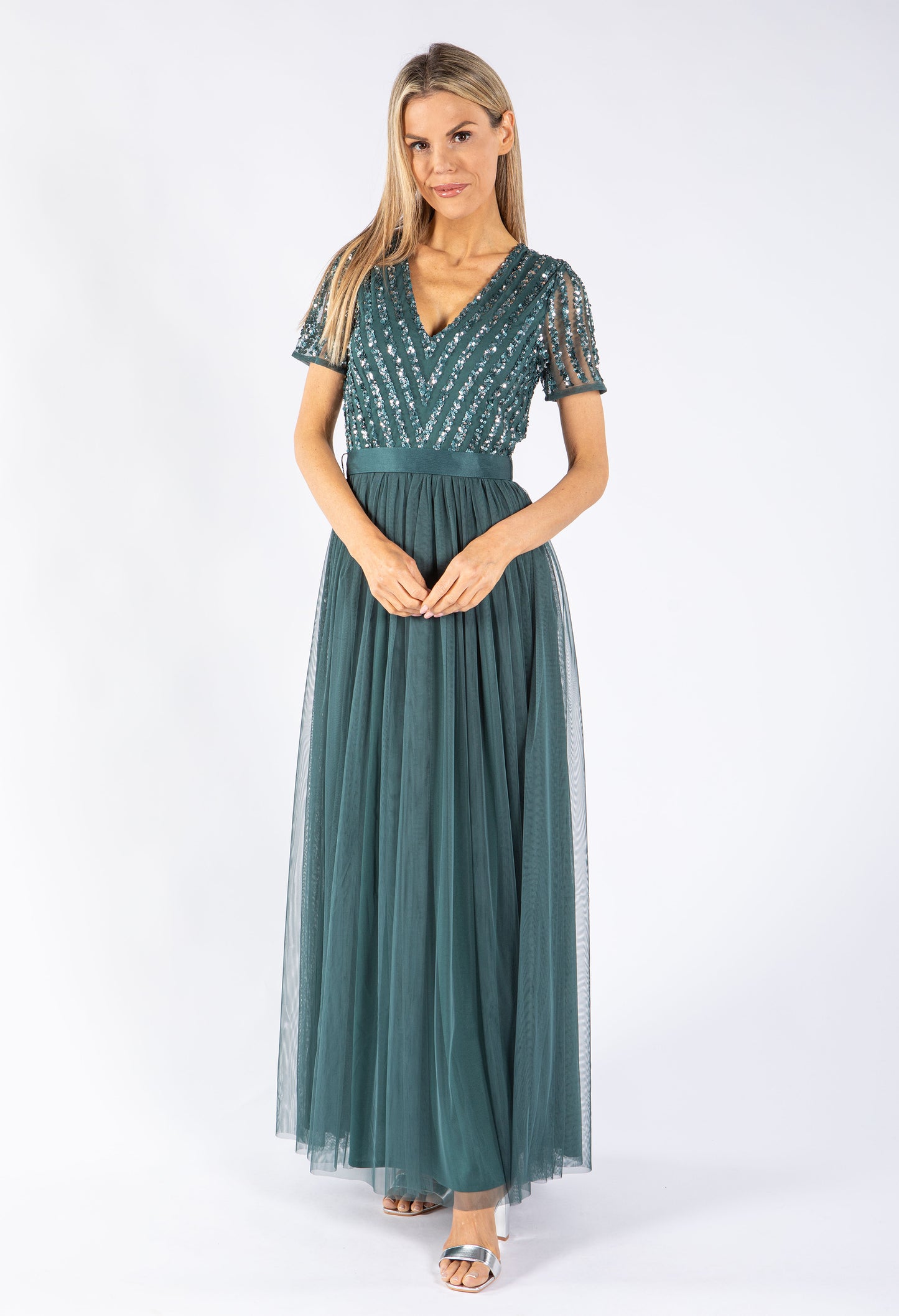 STRIPE EMBELLISHED MAXI DRESS WITH SASH BELT