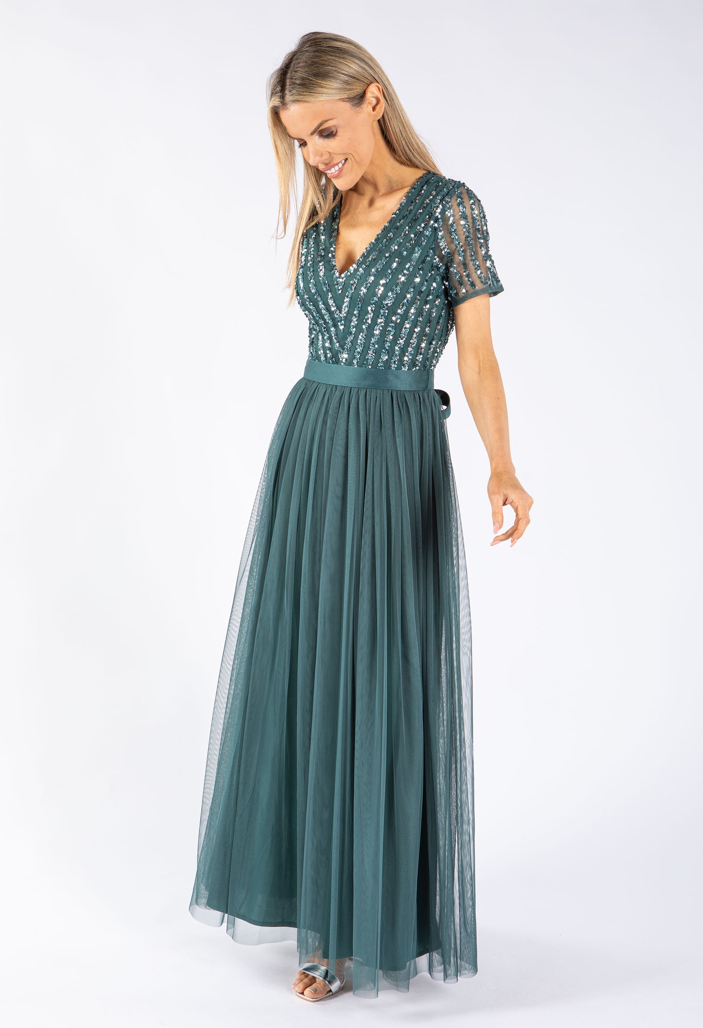 STRIPE EMBELLISHED MAXI DRESS WITH SASH BELT