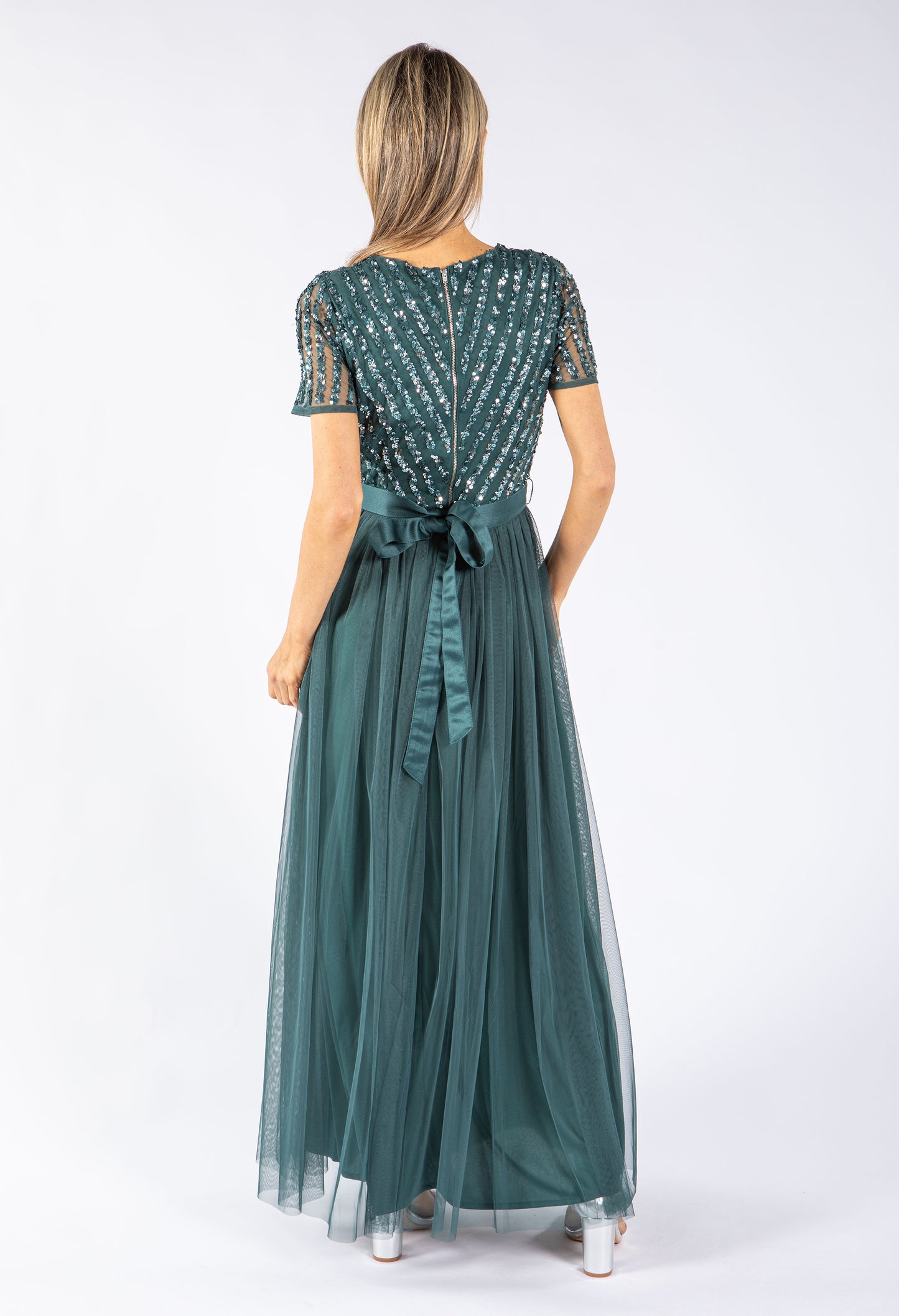 STRIPE EMBELLISHED MAXI DRESS WITH SASH BELT