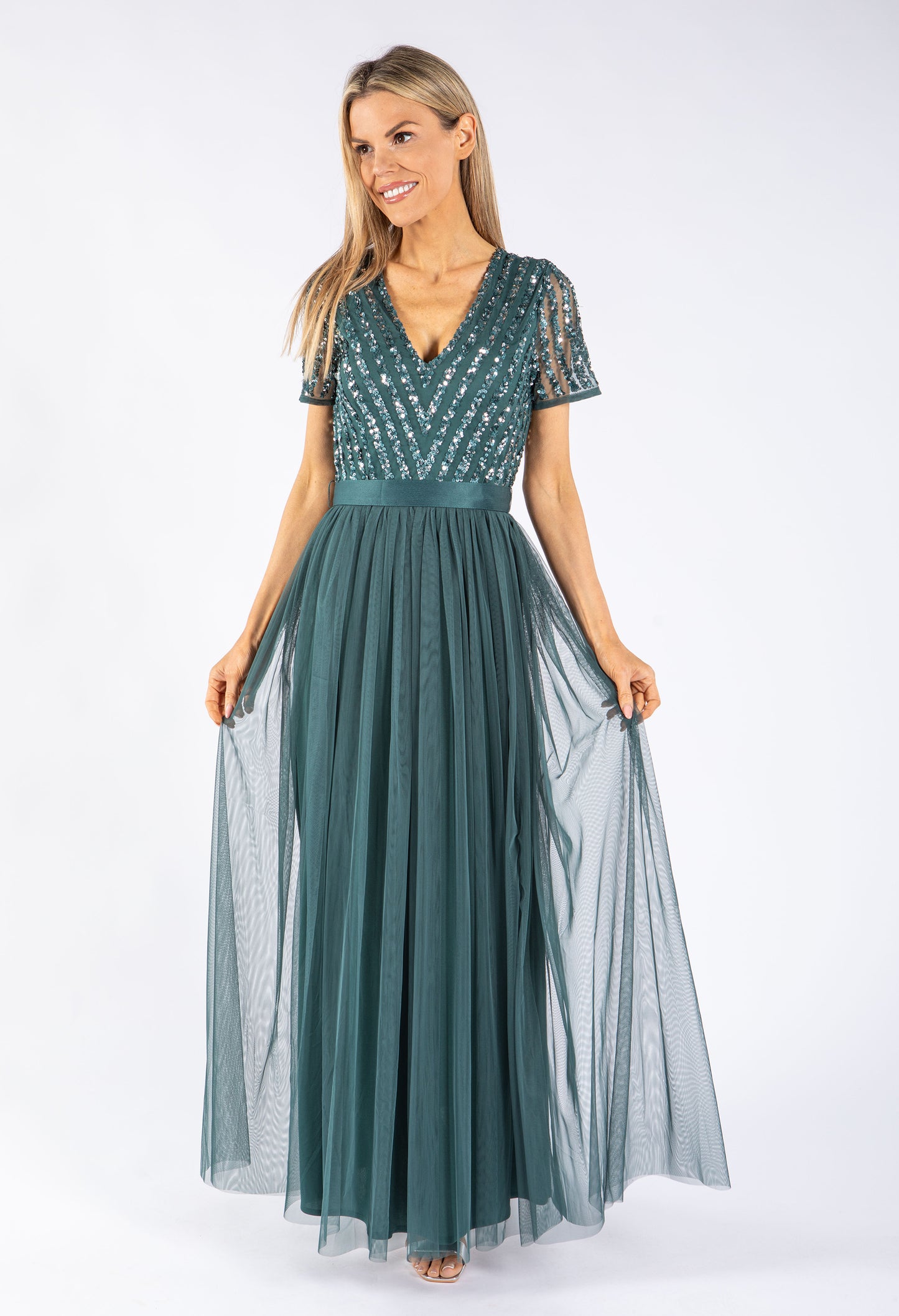 STRIPE EMBELLISHED MAXI DRESS WITH SASH BELT