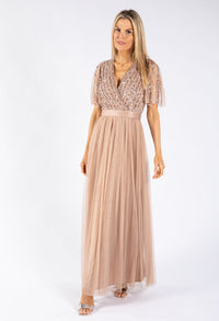 ANGEL SLEEVE EMBELLISHED MAXI DRESS WITH SASH BELT