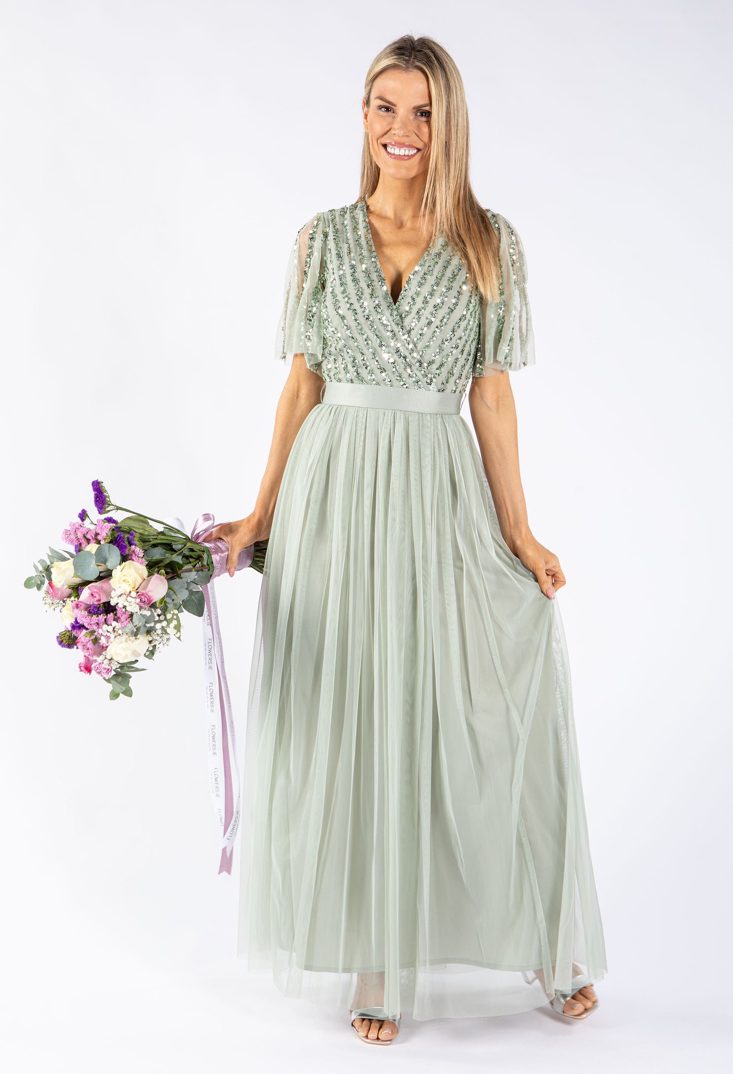 ANGEL SLEEVE EMBELLISHED MAXI DRESS WITH SASH BELT