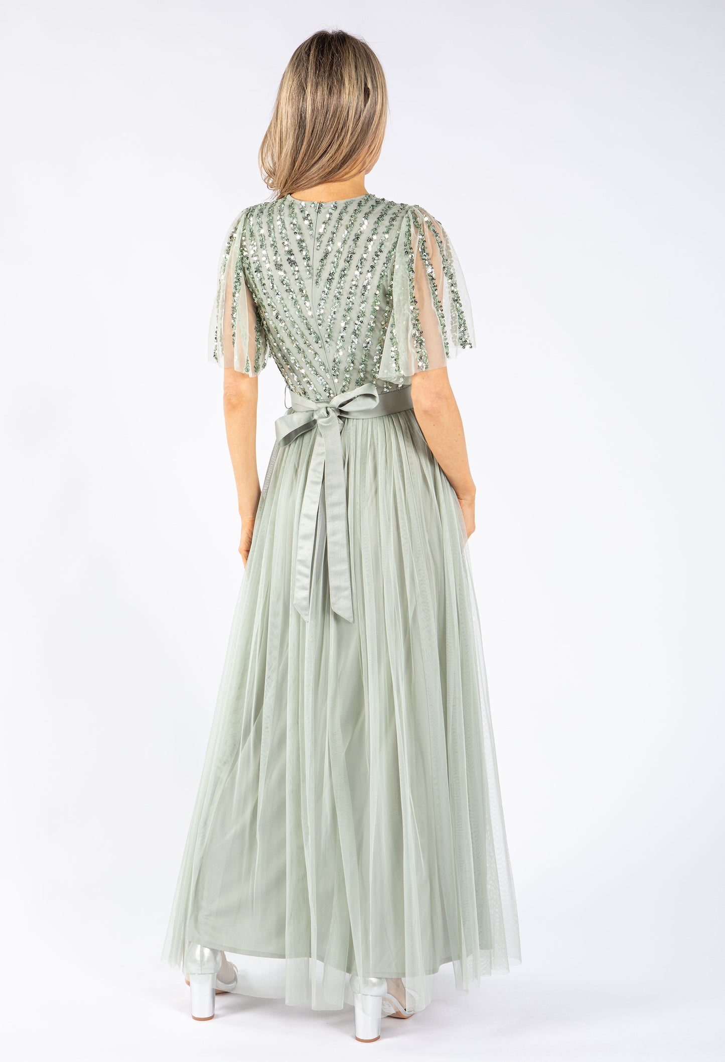 ANGEL SLEEVE EMBELLISHED MAXI DRESS WITH SASH BELT