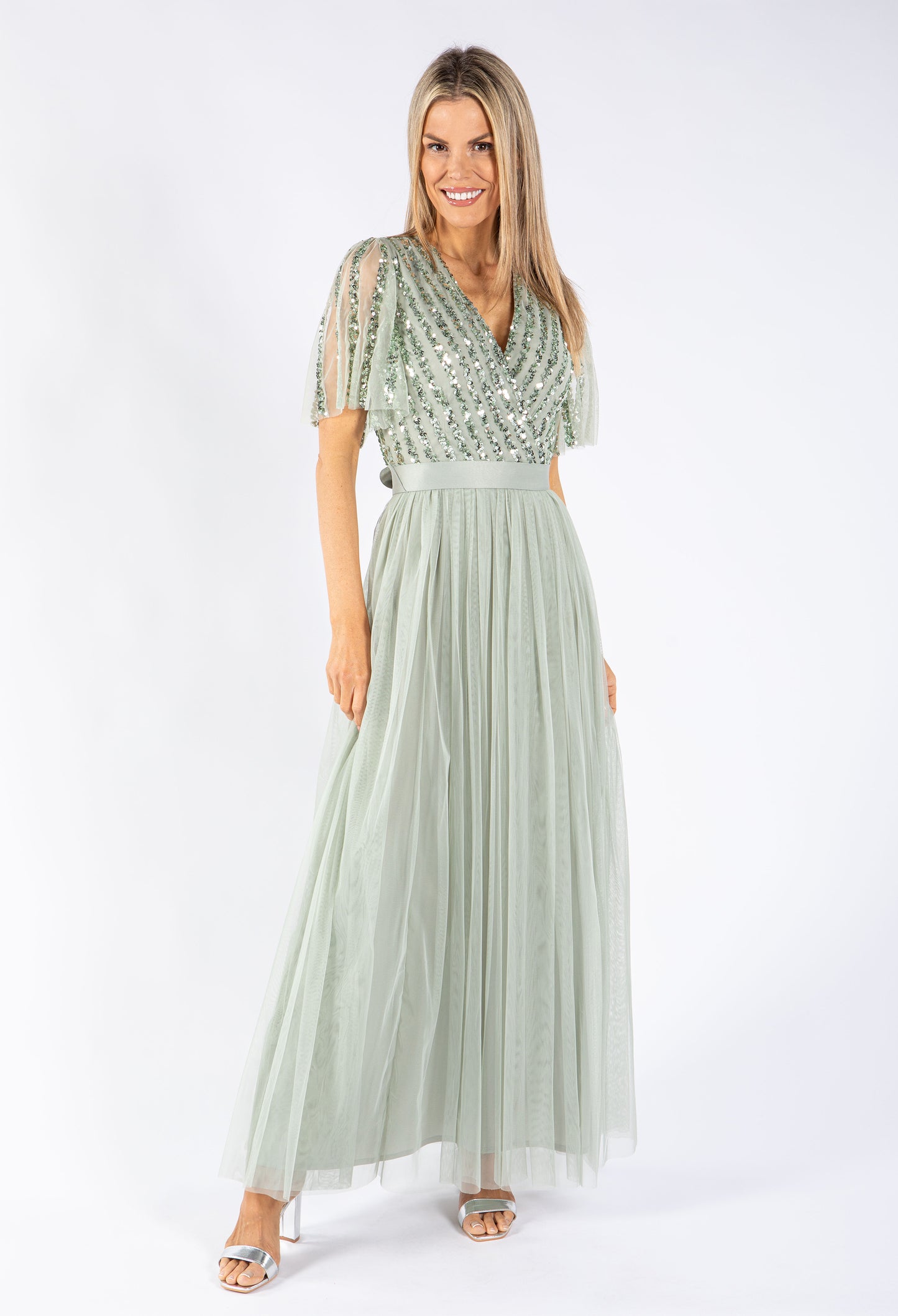 ANGEL SLEEVE EMBELLISHED MAXI DRESS WITH SASH BELT