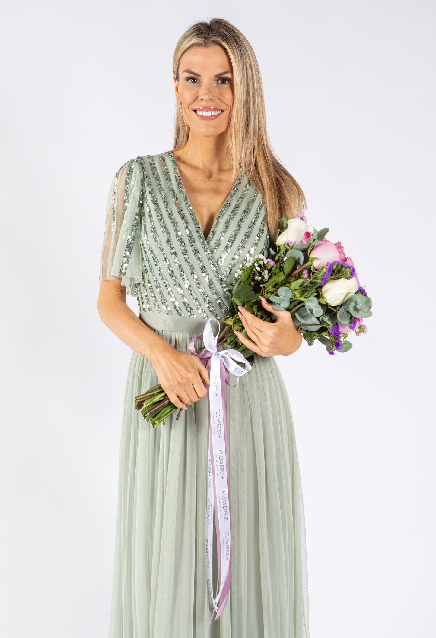 ANGEL SLEEVE EMBELLISHED MAXI DRESS WITH SASH BELT