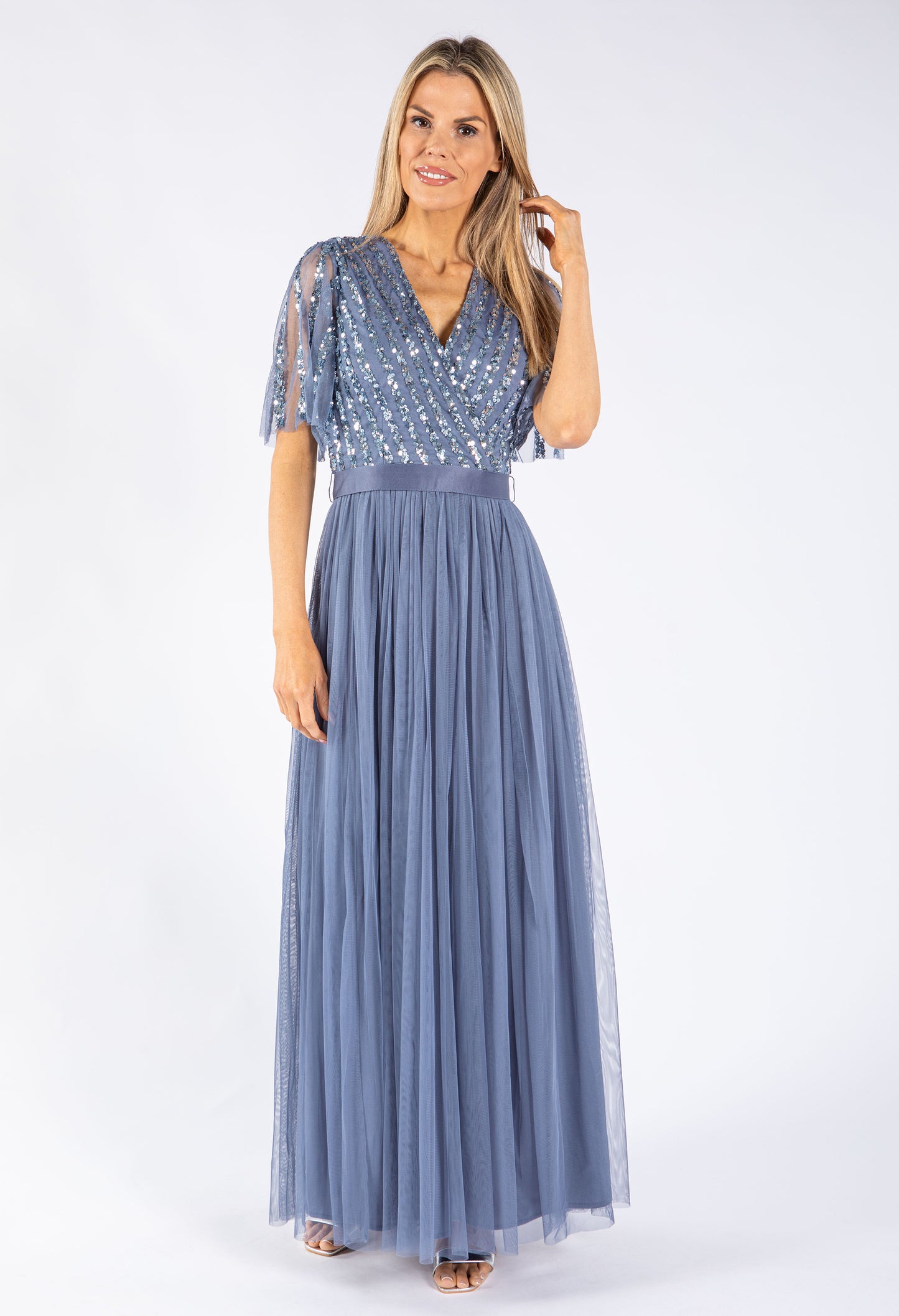 ANGEL SLEEVE EMBELLISHED MAXI DRESS WITH SASH BELT