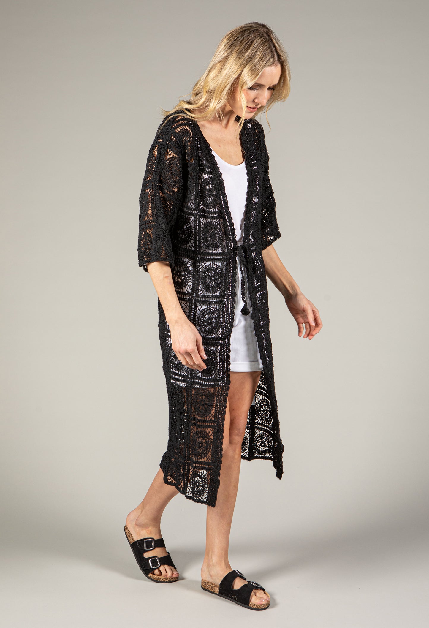 Tie Front Longline Crochet Cardigan