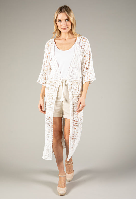 Tie Front Longline Crochet Cardigan