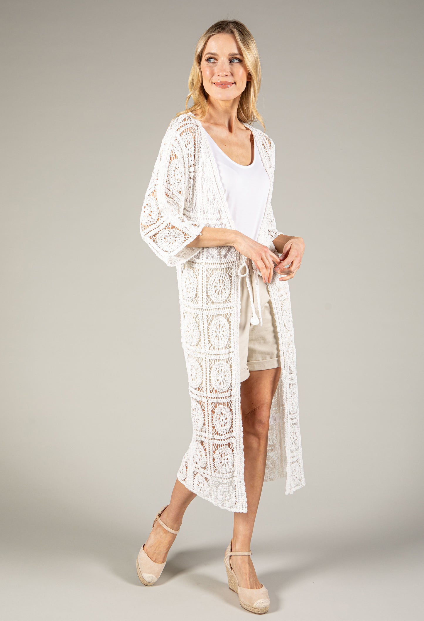 Tie Front Longline Crochet Cardigan