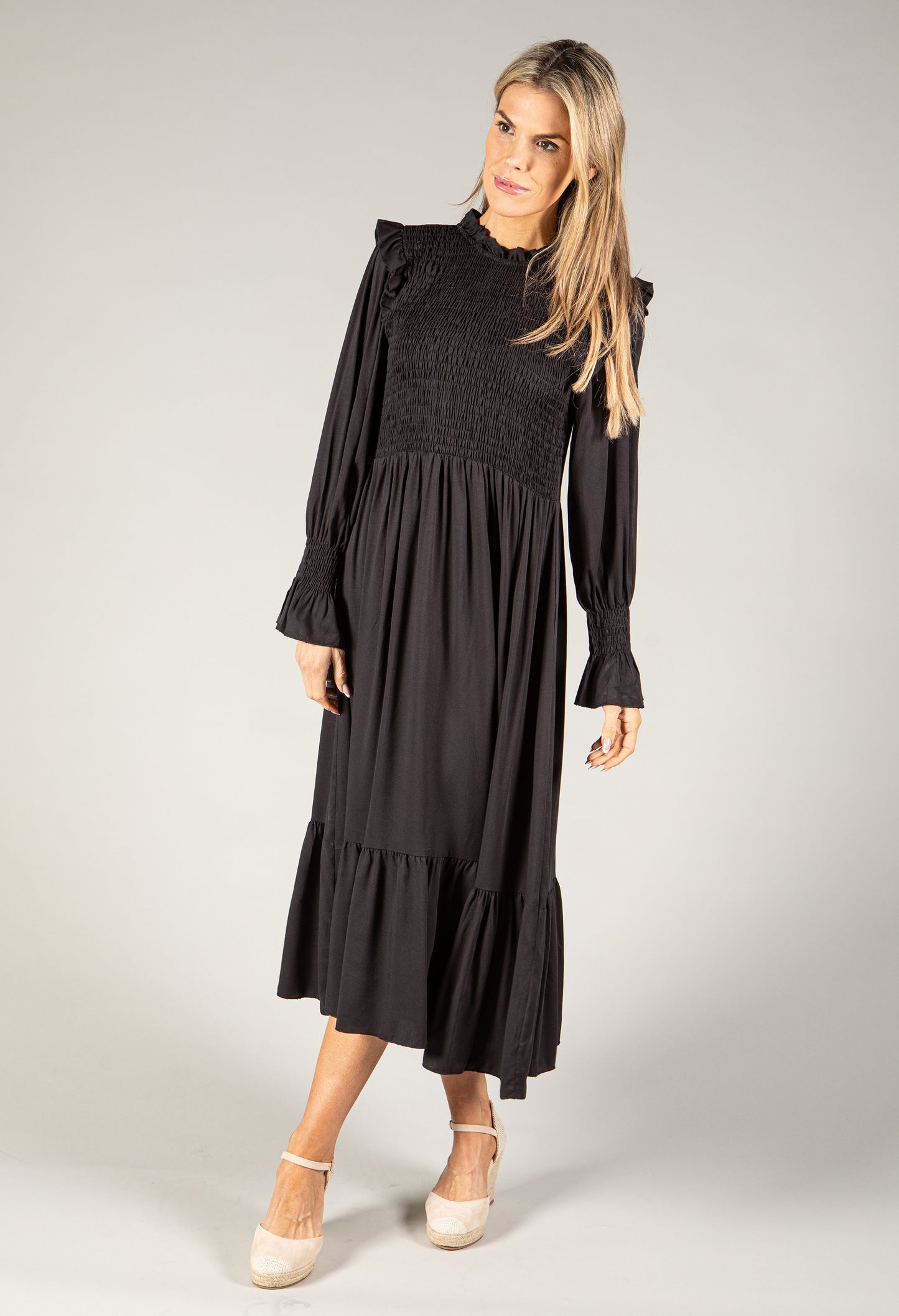 Smocking Detail Long Sleeve Dress