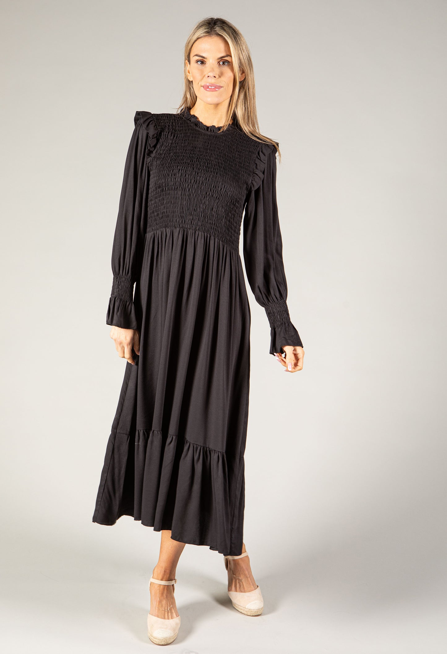 Smocking Detail Long Sleeve Dress