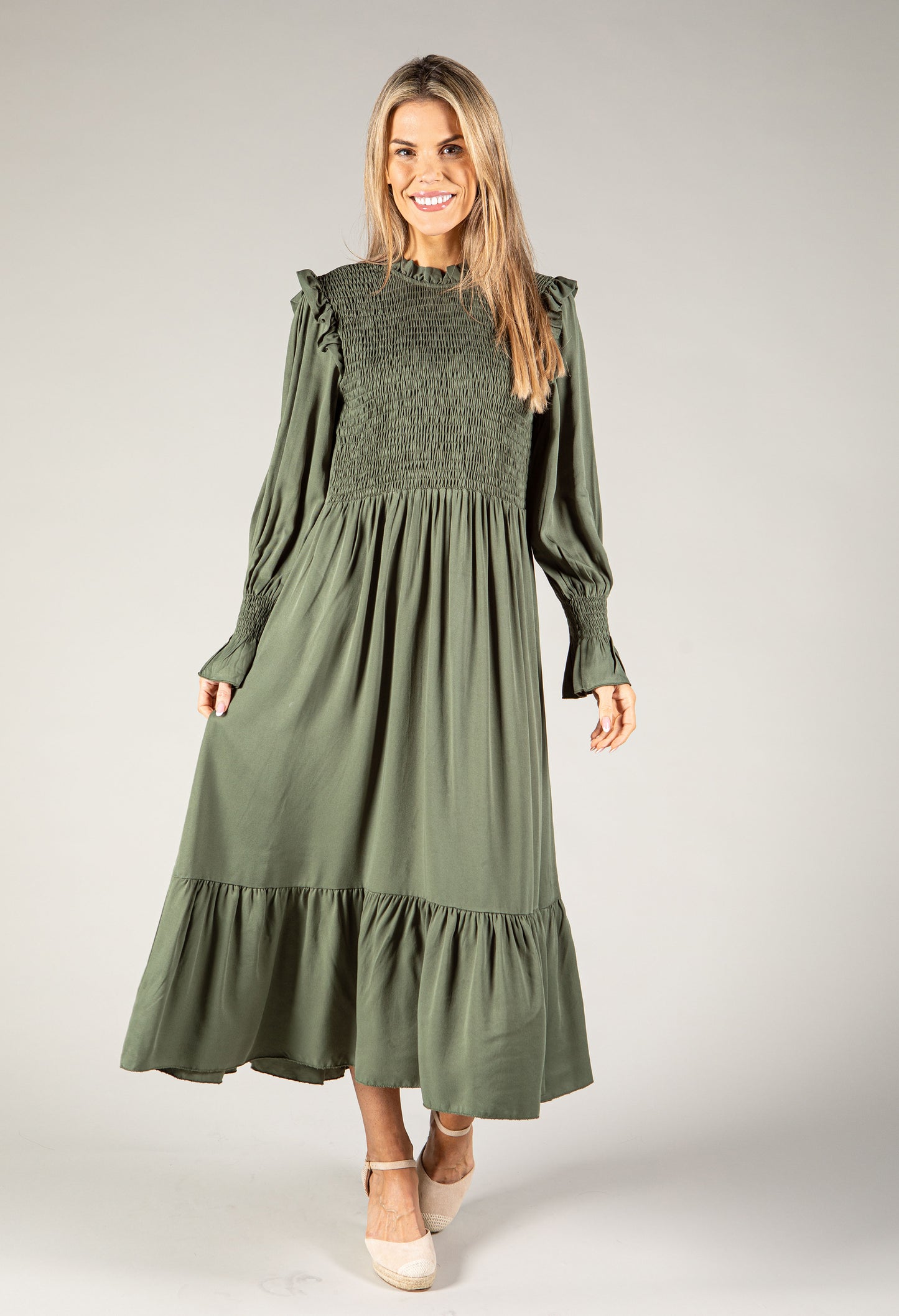 Smocking Detail Long Sleeve Dress