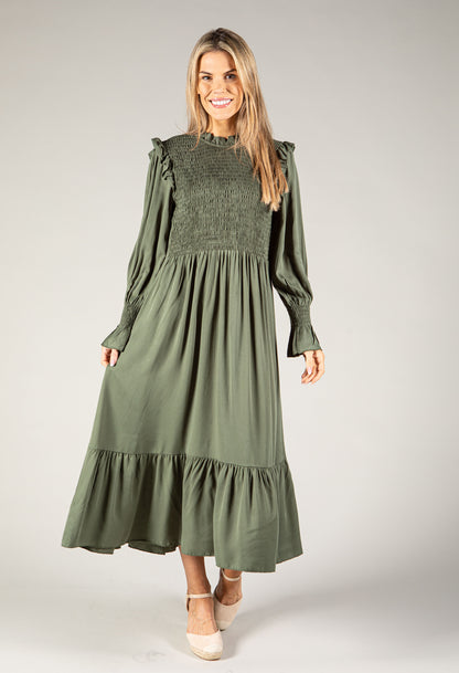 Smocking Detail Long Sleeve Dress