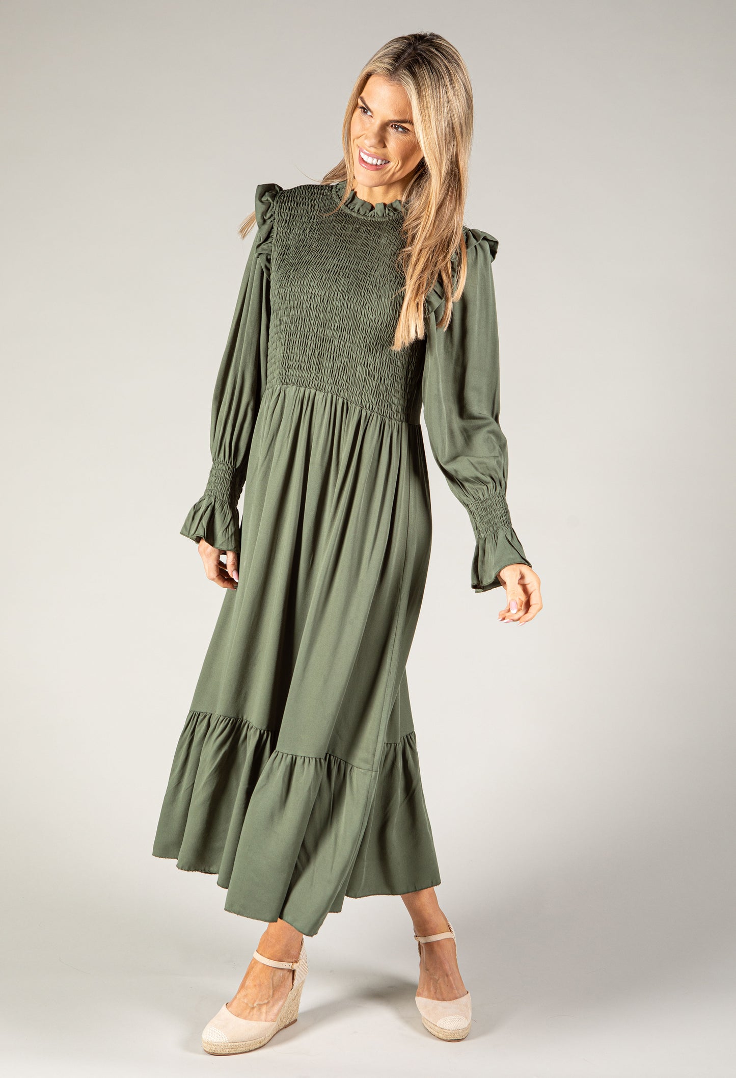 Smocking Detail Long Sleeve Dress