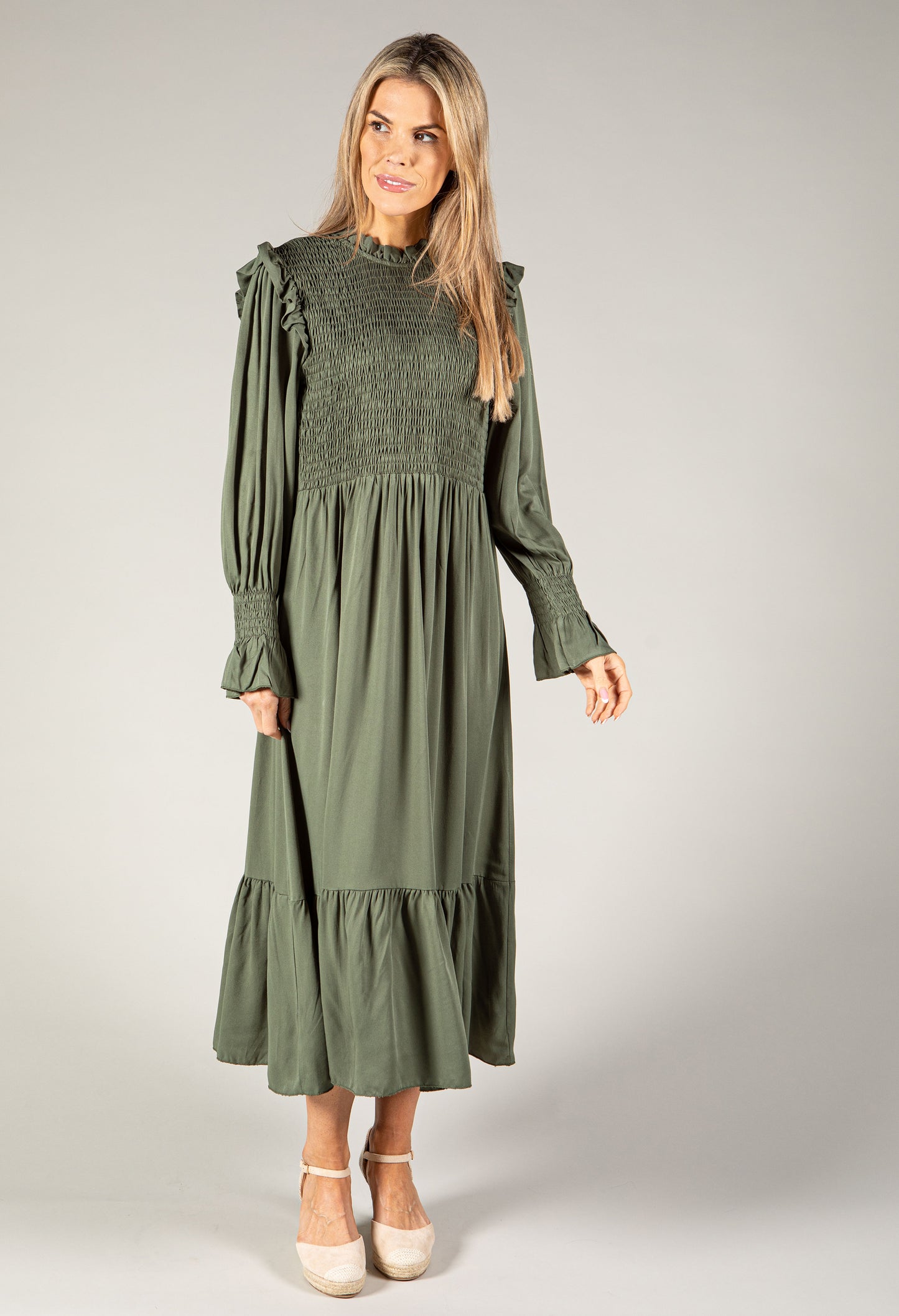 Smocking Detail Long Sleeve Dress