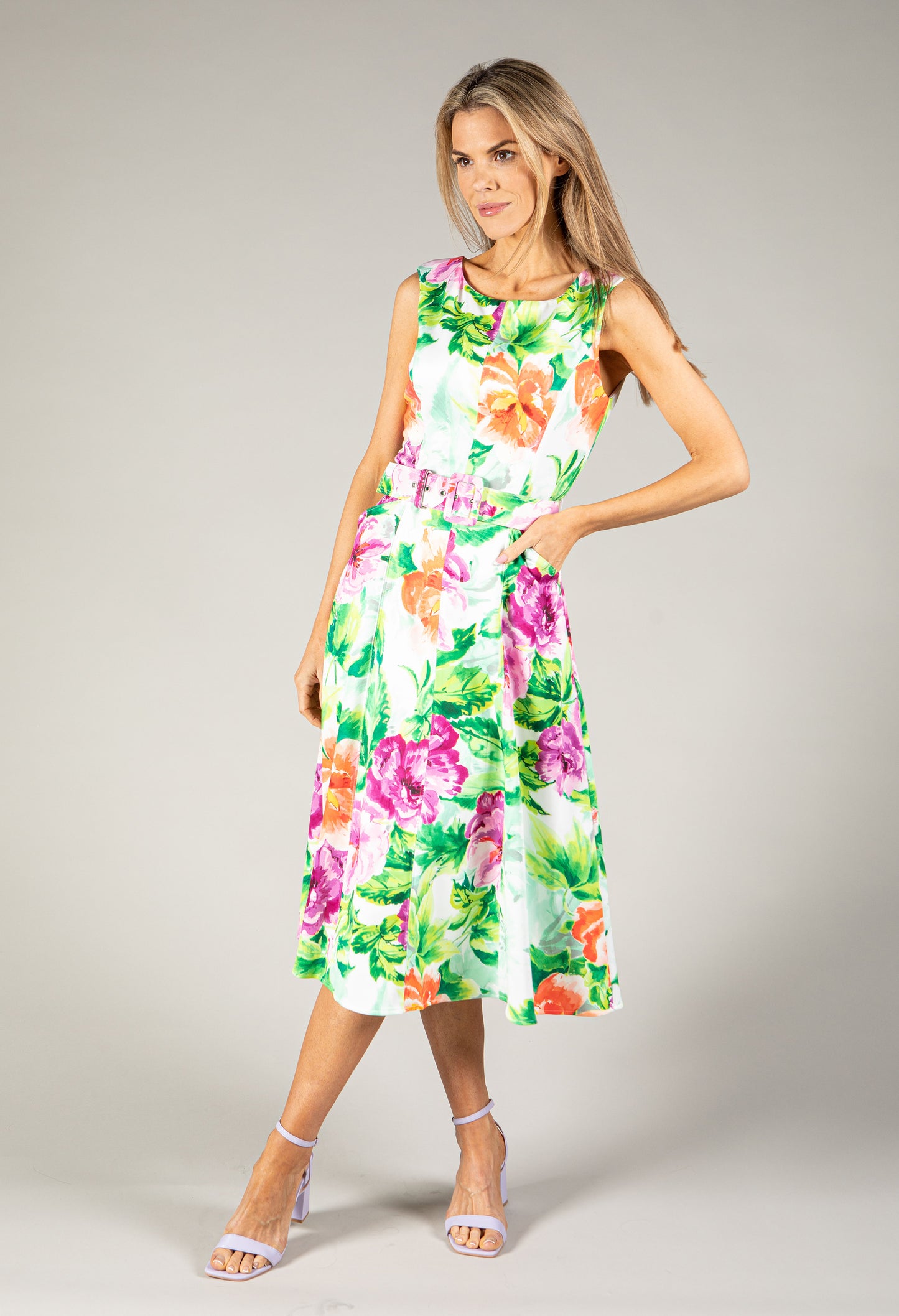 Floral Belted A-Line Midi Dress