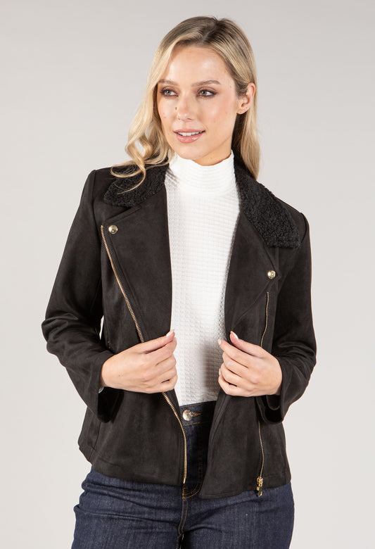 Suedette Sherpa Collar Biker Jacket