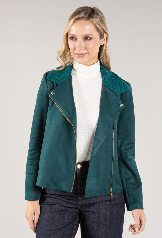 Suedette Sherpa Collar Biker Jacket