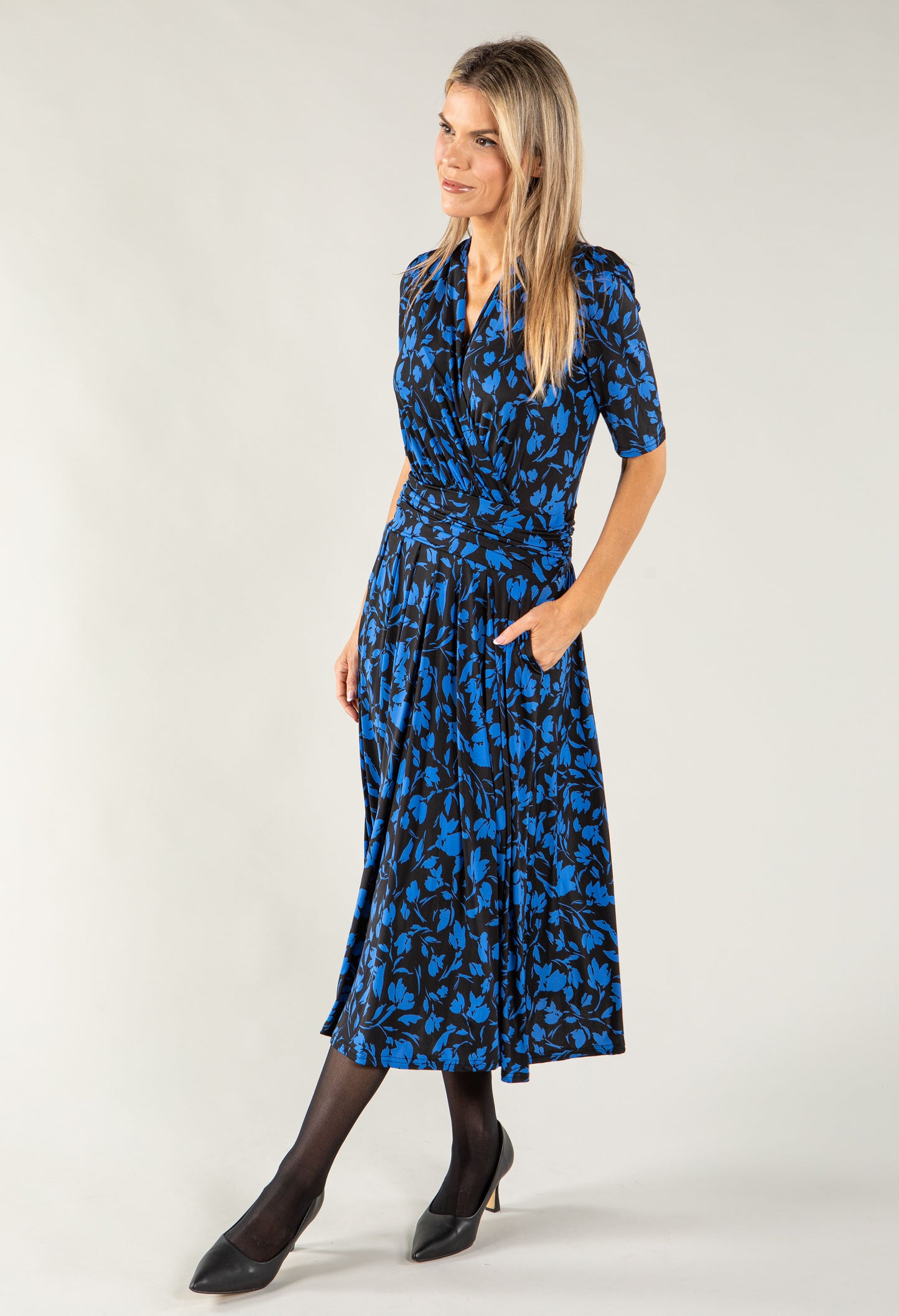 Leaf Print Wrap Bodice Midi Dress