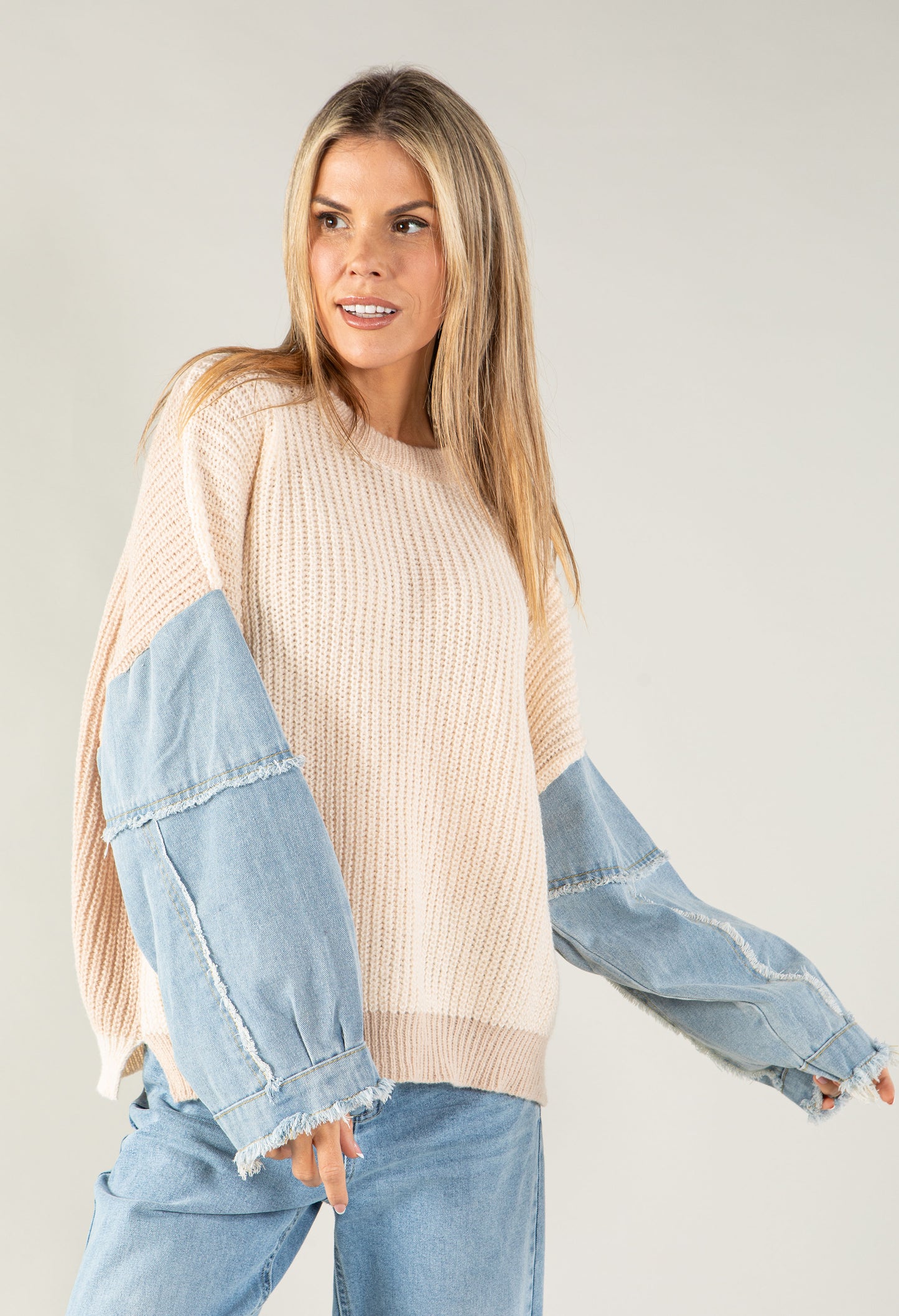 Denim Sleeve Chunky Knit