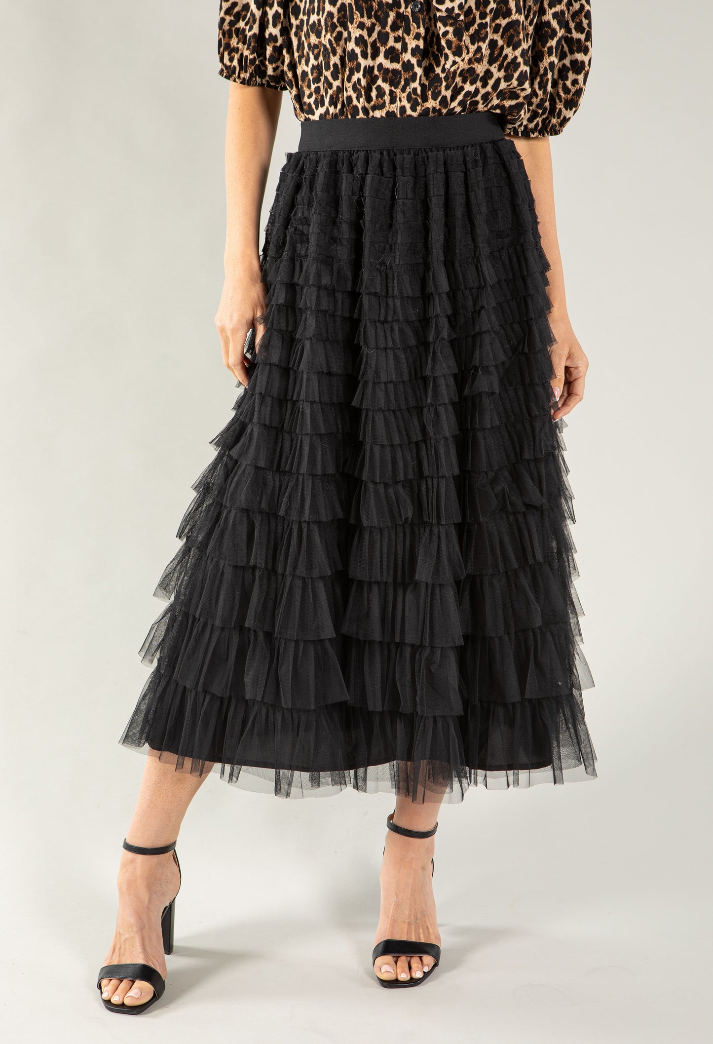 Tiered Ruffle Tulle Midi Skirt