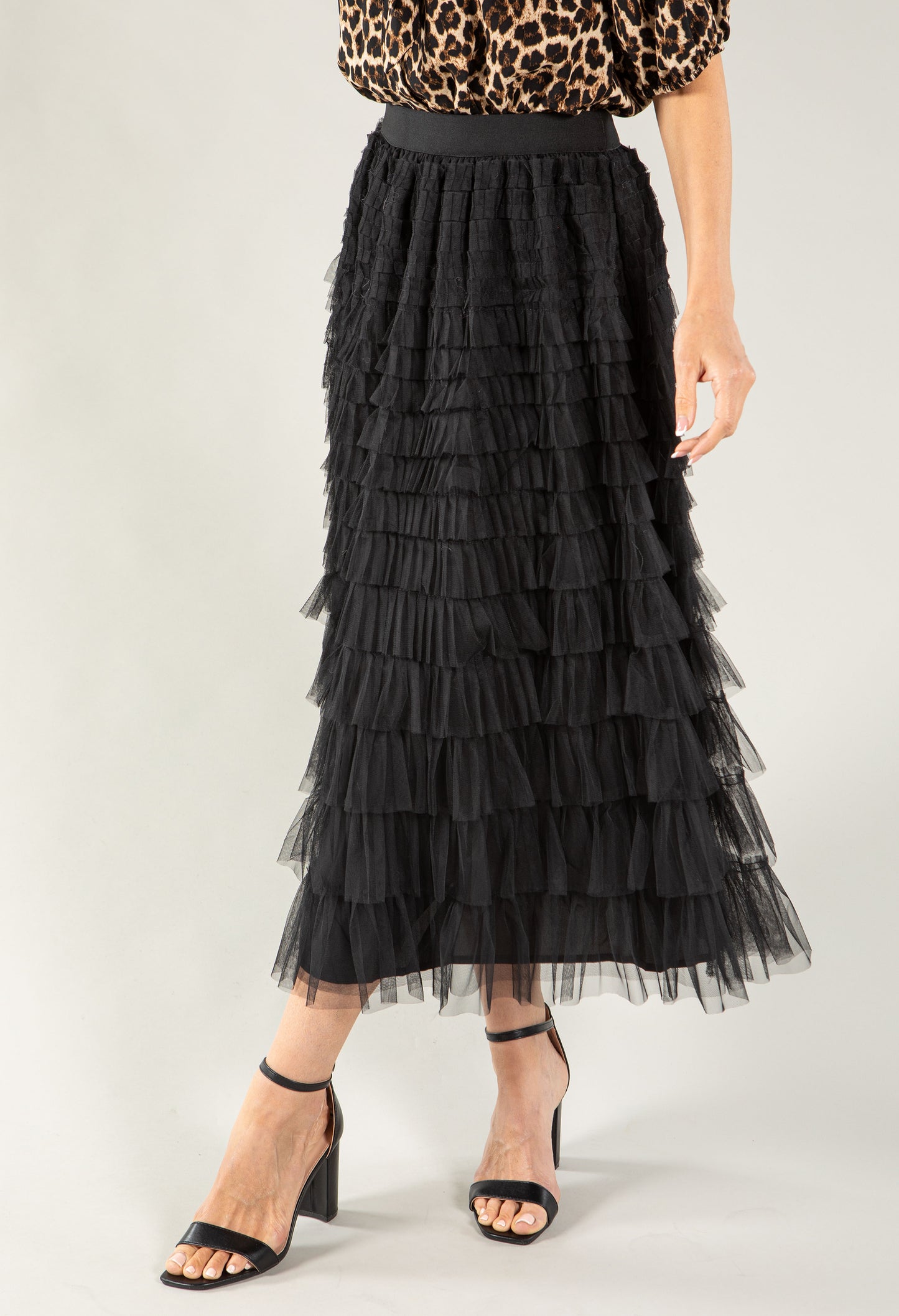 Tiered Ruffle Tulle Midi Skirt