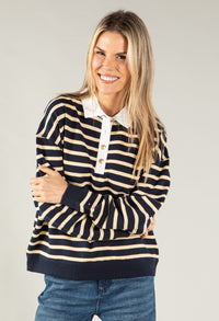 Stripe Gold Button Polo Sweatshirt