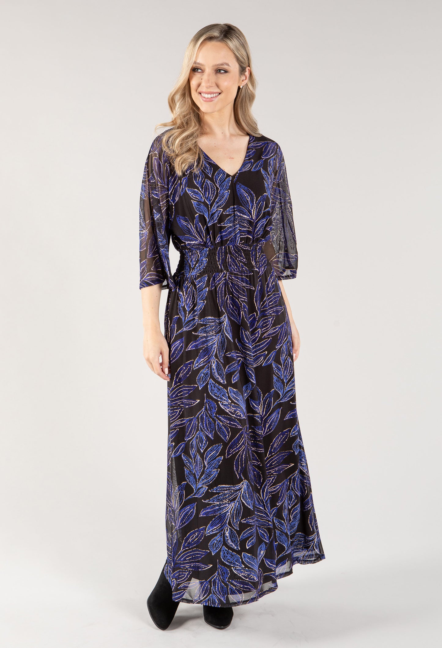 Leaf Print V Neckline Maxi Dress