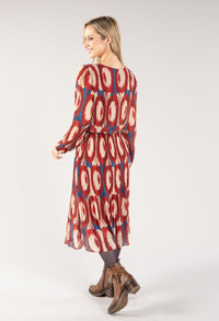 Abstract Print Long Sleeve Plisse Pop Over Dress