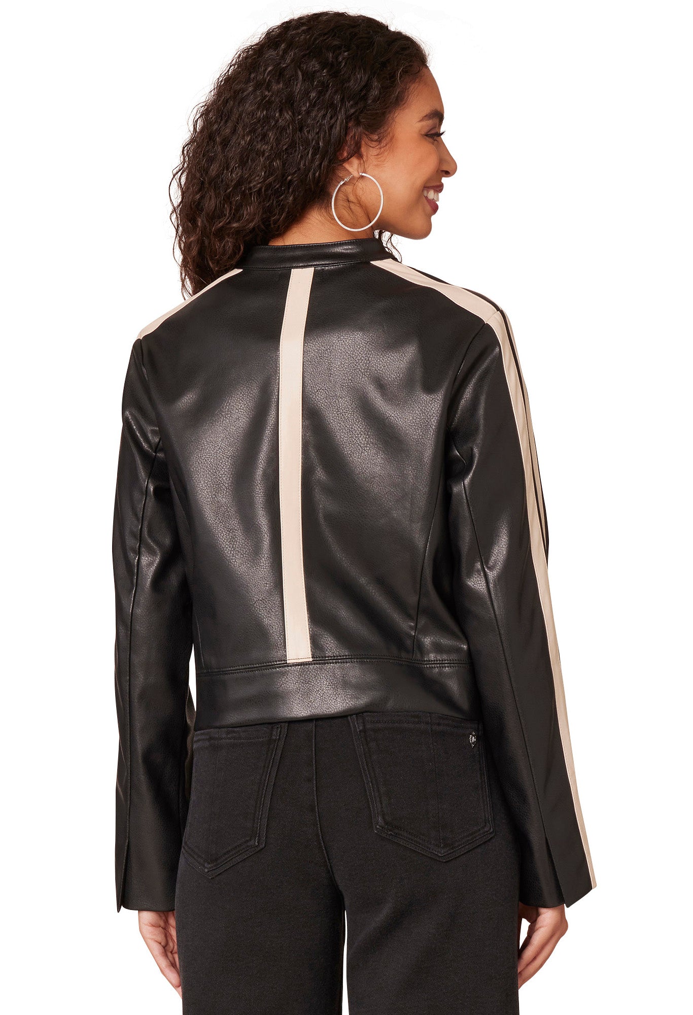 Long Sleeve Zip Front High Round Neck Biker Jacket with Welt Pockets